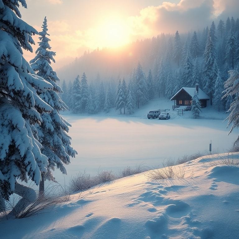 A beautiful winter landscape with snow-covered trees, a frozen lake, and a cozy cabin in the distance. The scene is bathed in soft, warm light from the low winter sun, creating a serene and magical atmosphere. Detailed photorealistic snow texture, crisp cold air, and a sense of peaceful tranquility.