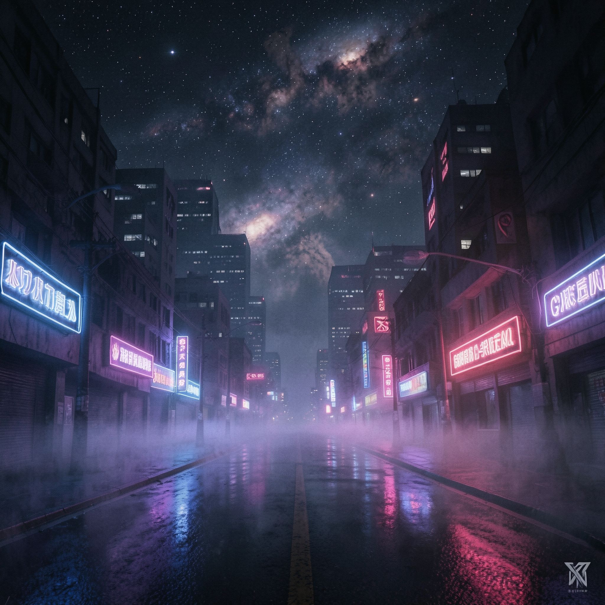 A dark synthwave cinematic scene: an empty night road cutting through a futuristic noir city, glowing with deep neon lights in purple, blue, and crimson. Thick fog drifts across the street, reflecting neon signs and distant skyscrapers. Above the city, the night sky opens into a surreal cosmic view — stars, nebula clouds, and faint galaxies blending into the urban skyline. The atmosphere is mysterious, epic, and cinematic, mixing cyberpunk noir with cosmic fantasy. High contrast lighting, dramatic perspective, wide-angle shot, neon reflections on wet asphalt, volumetric fog, deep shadows, subtle film grain, retro-futuristic color palette, epic dark mood, like a scene from a sci-fi movie