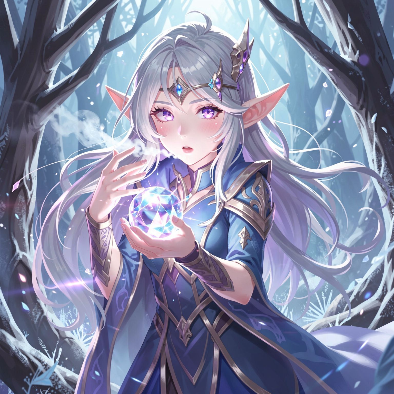 A delicate elven maiden with silver hair and luminous violet eyes stands poised in a frost-kissed enchanted forest, her breath visible in the crisp air as she gently cradles a glowing crystal orb. ...