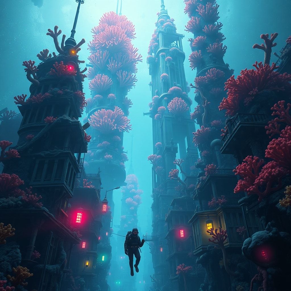 A lone deep-sea explorer in a high-tech diving suit navigates through the labyrinthine streets of an abandoned underwater metropolis, where towering coral skyscrapers pulse with an eerie biolumines...