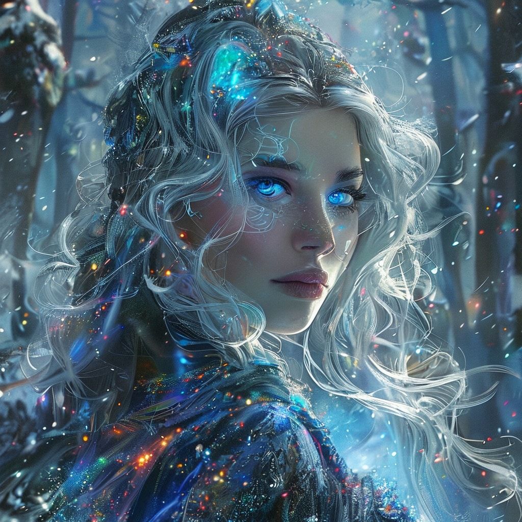 mystical young woman with silver hair and glowing blue eyes stands amidst an ancient, snow-laden forest, magical aura