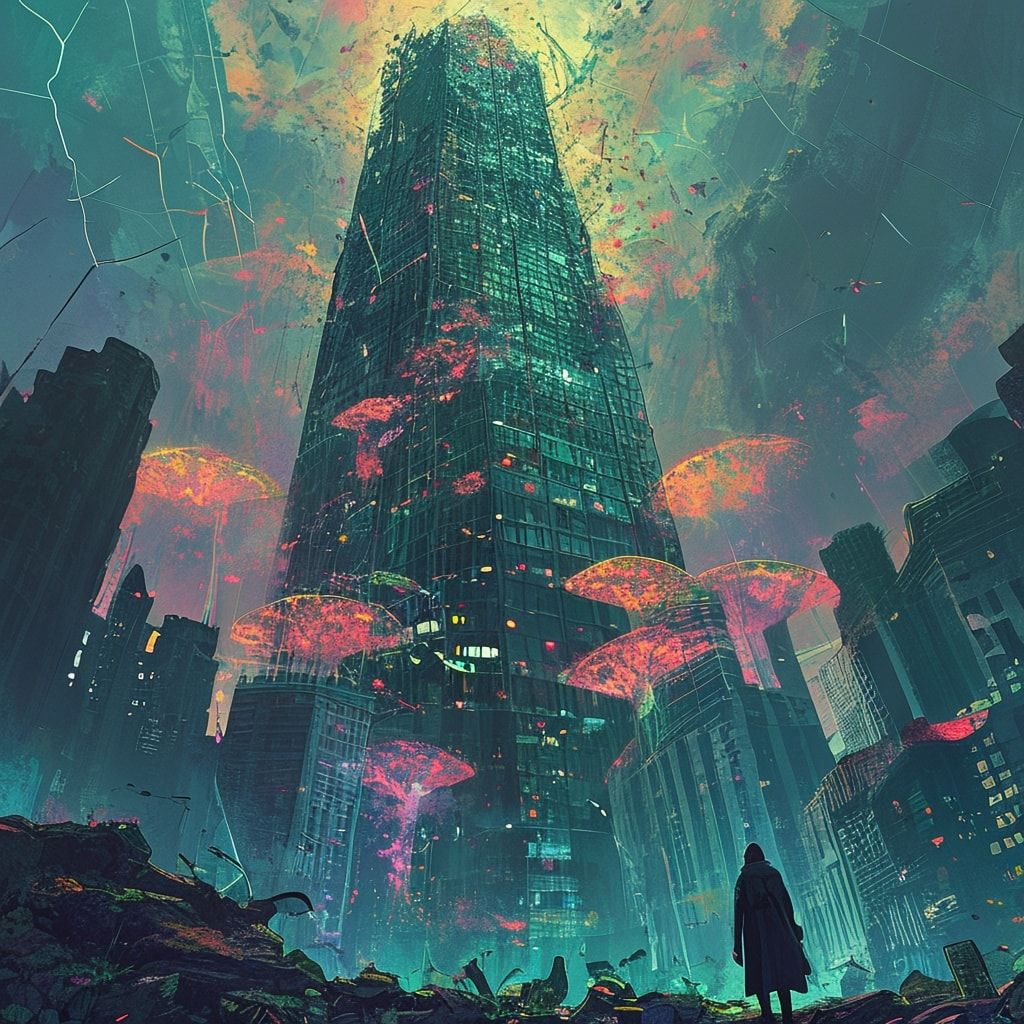 A towering, vine-choked skyscraper looms over a fractured metropolis, its glass panes shattered like dragon scales, while bioluminescent fungi pulse in the ruins below. A lone, hooded figure stands...