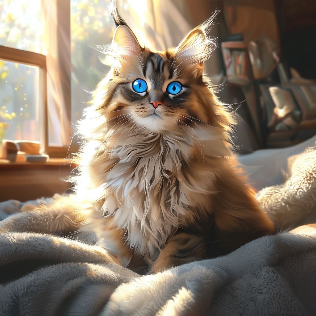 A cute, fluffy long-haired cat with bright blue eyes, sitting on a soft gray blanket in a cozy living room with warm sunlight streaming through a window, realistic photorealistic style, high detail, 1024x1024 pixels
