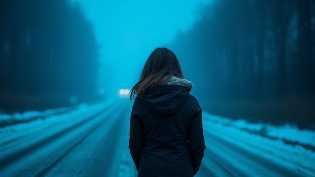 A girl with her back turned stands in a jacket on a winter road, an atmosphere of melancholy, loneliness and blue fog everywhere, as in dark ambient