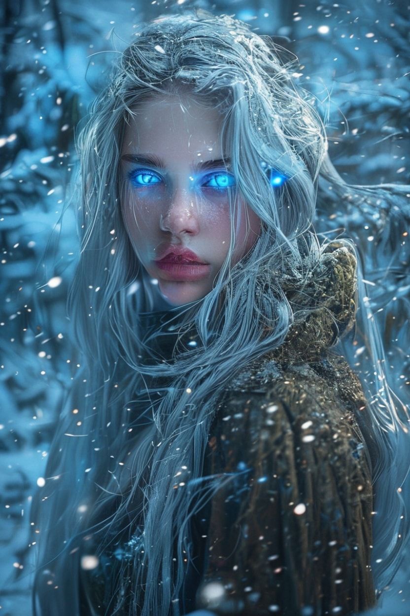 mystical young woman with silver hair and glowing blue eyes stands amidst an ancient, snow-laden forest