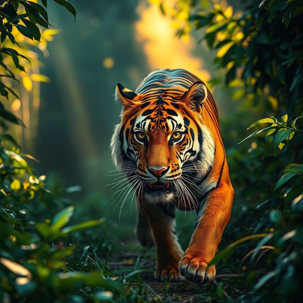 A majestic Bengal tiger prowls through a dense, misty jungle at dawn, golden sunlight filtering through emerald foliage, casting dappled shadows. Its amber eyes gleam with intensity as it moves wit...