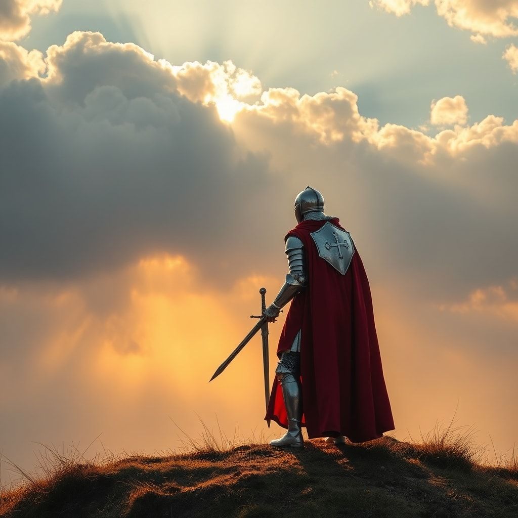 A lone knight in polished silver armor stands atop a misty hill at dawn, his sword gleaming as golden sunlight breaks through the clouds, casting long dramatic shadows. The wind rustles his crimson...