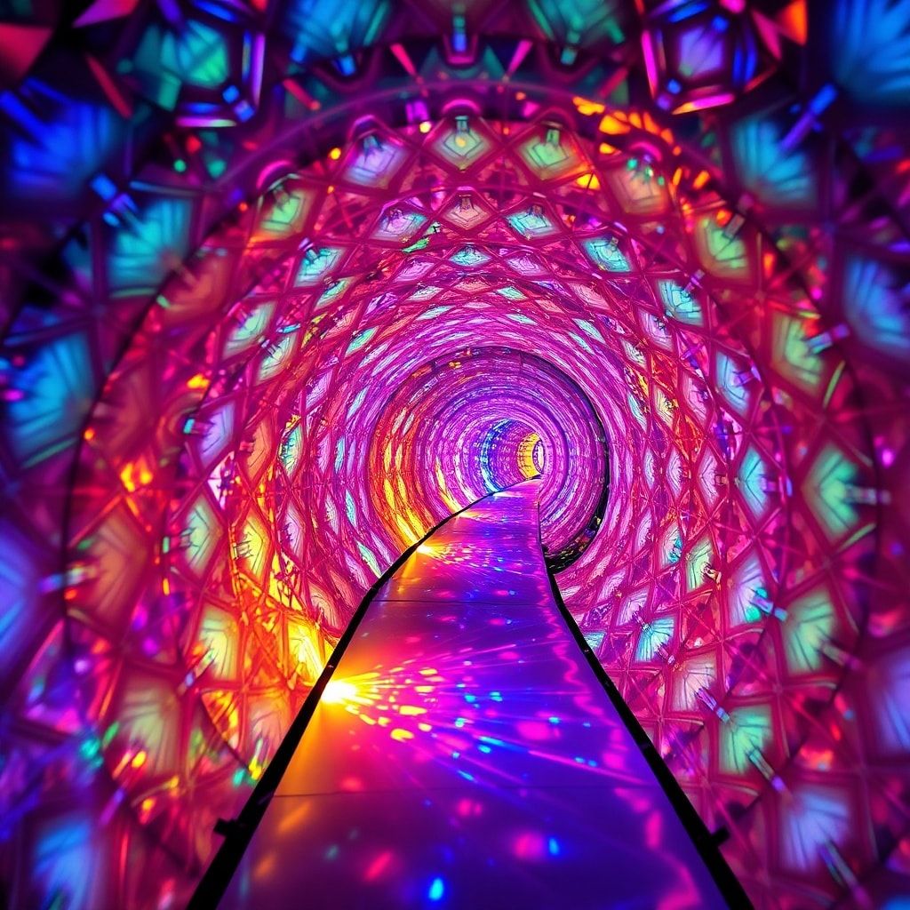 A surreal, kaleidoscopic tunnel spirals endlessly, its walls pulsing with vibrant geometric patterns that shift and refract light like stained glass. Soft, ethereal glow illuminates the path, casti...