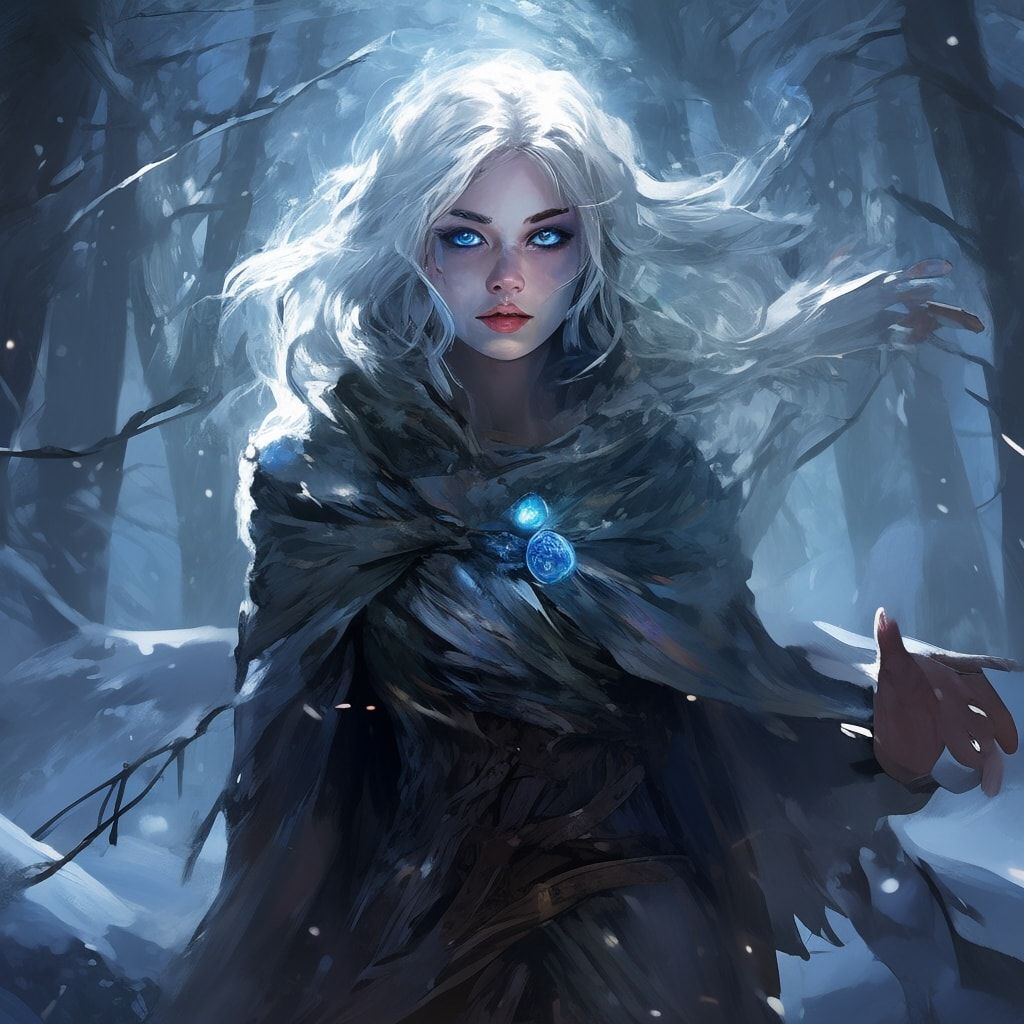 A mystical young woman with silver hair and glowing blue eyes stands amidst an ancient, snow-laden forest, her tattered cloak billowing in the icy wind as she gazes at a floating orb of ethereal li...