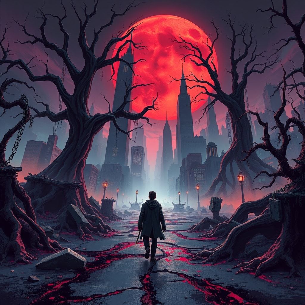 A lone figure in a tattered coat walks through the skeletal remains of a once-great city, now swallowed by towering vines and gnarled trees, their roots cracking asphalt under a blood-red moon. Neo...