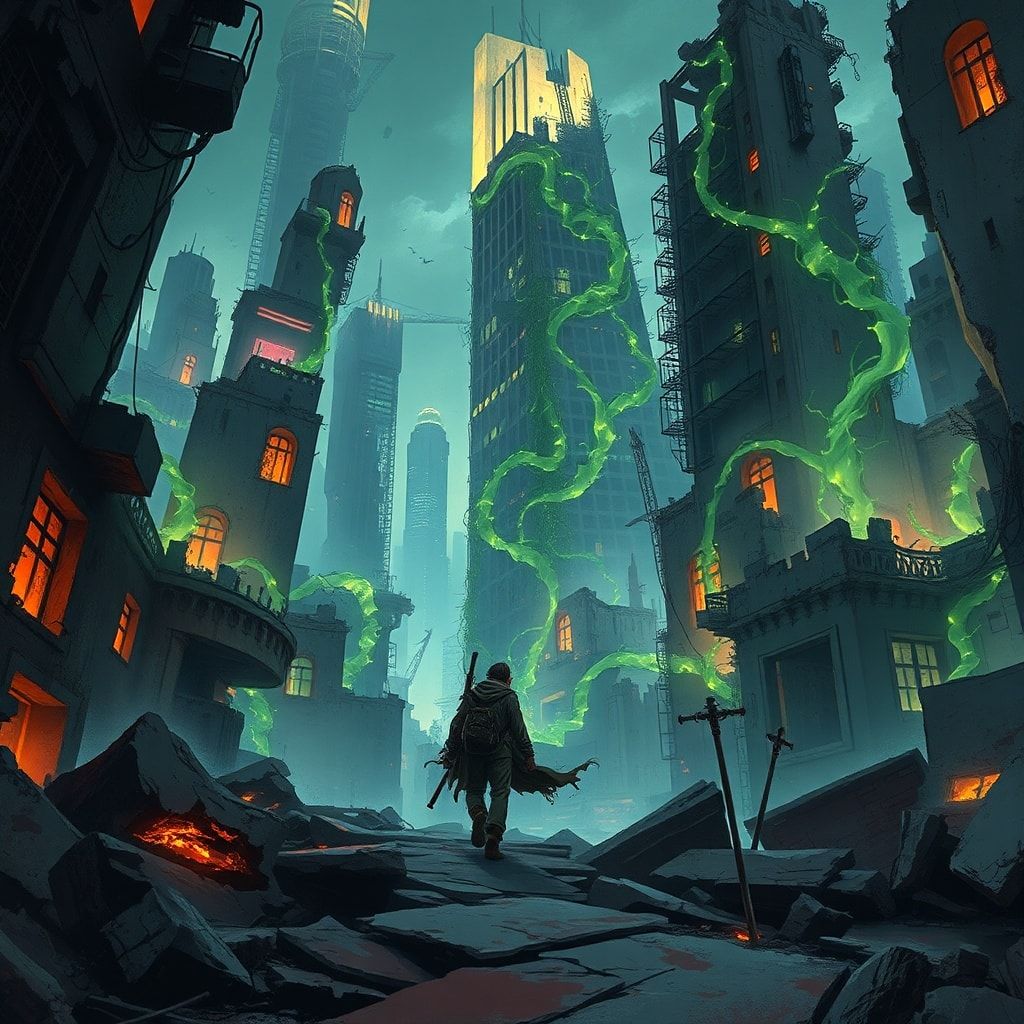 A solitary traveler in a frayed, oil-stained duster trudges through the ruins of a forgotten metropolis, its crumbling skyscrapers choked by bioluminescent vines that pulse with an eerie glow under...
