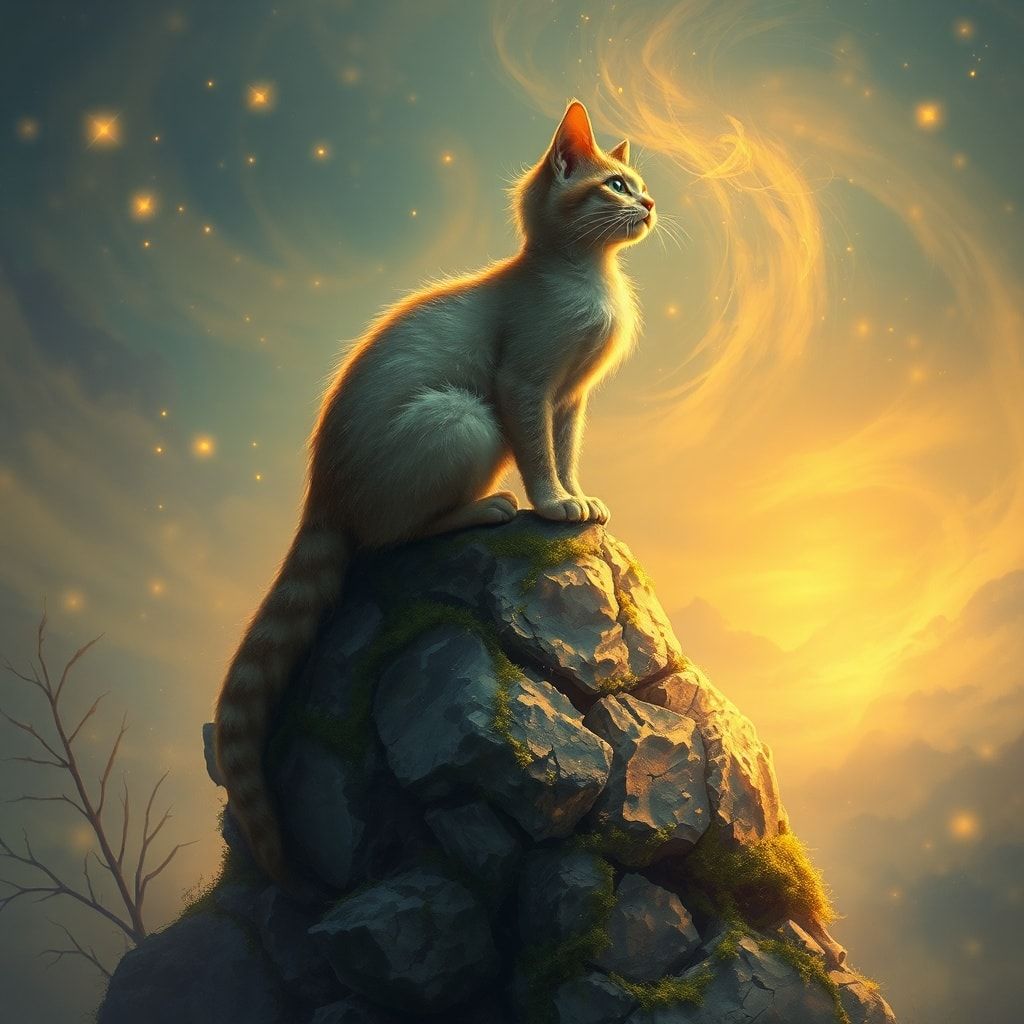 A delicate feline with iridescent fur perches atop an ancient, moss-covered stone, gazing into a swirling mist where fireflies dance like scattered stars. The scene is bathed in ethereal golden twi...