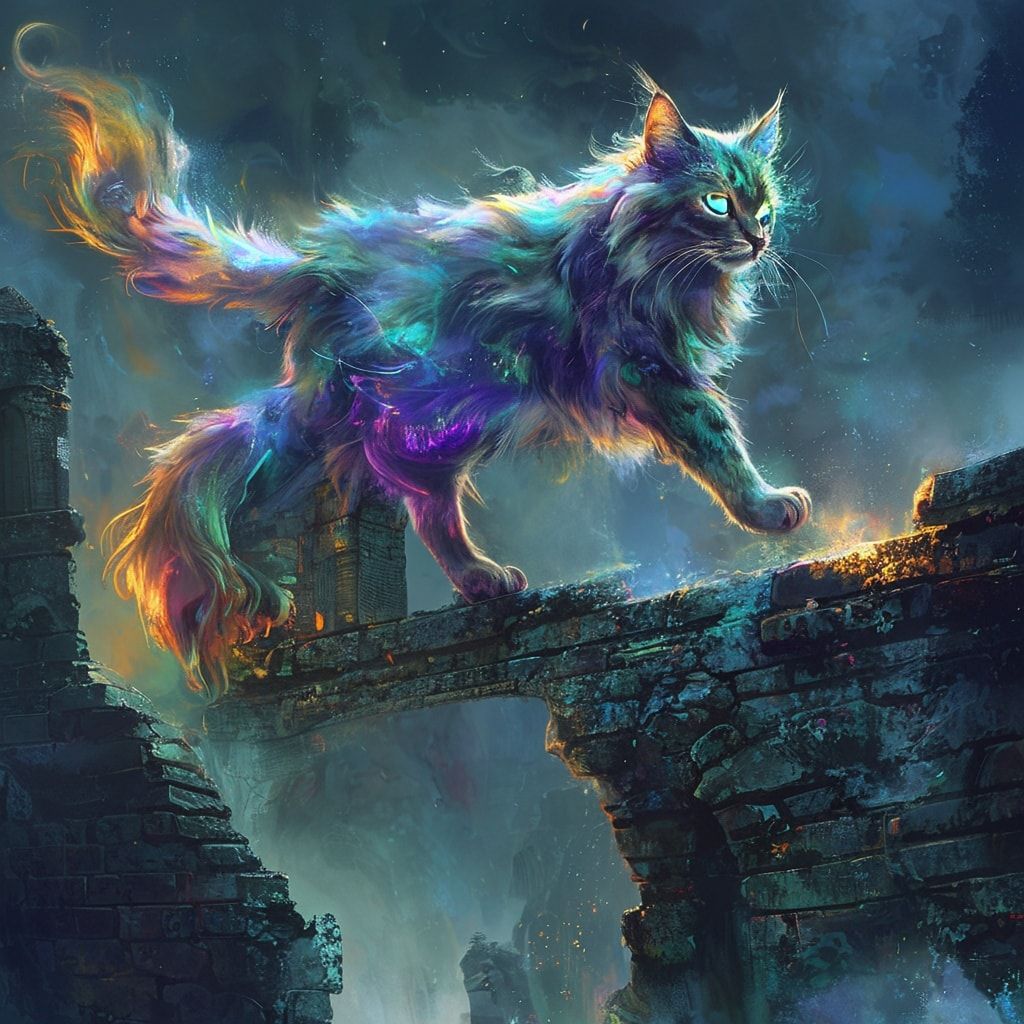 A majestic feline with iridescent fur and glowing emerald eyes leaps gracefully across a moonlit, ancient stone bridge, its tail flickering like a comet trail. Mist swirls around the crumbling ruin...