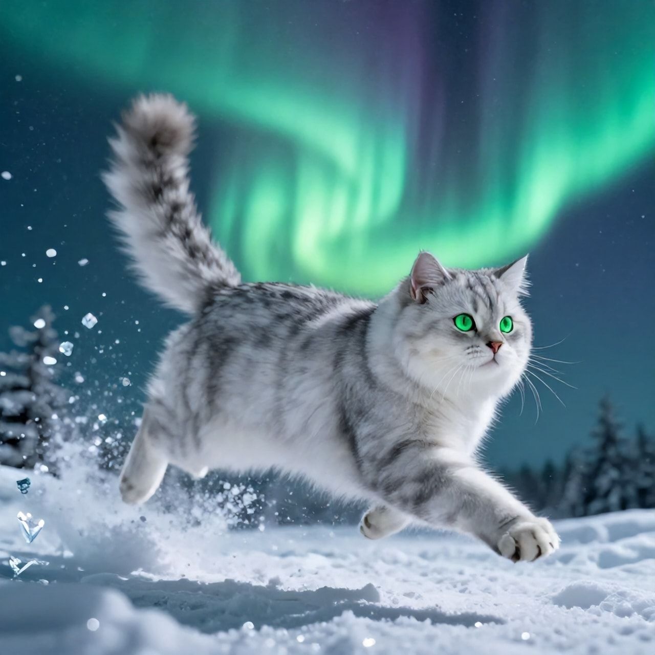 A majestic silver-furred feline with glowing emerald eyes leaps gracefully through a swirling aurora borealis, its tail trailing like a comet, surrounded by floating ice crystals and shimmering snow