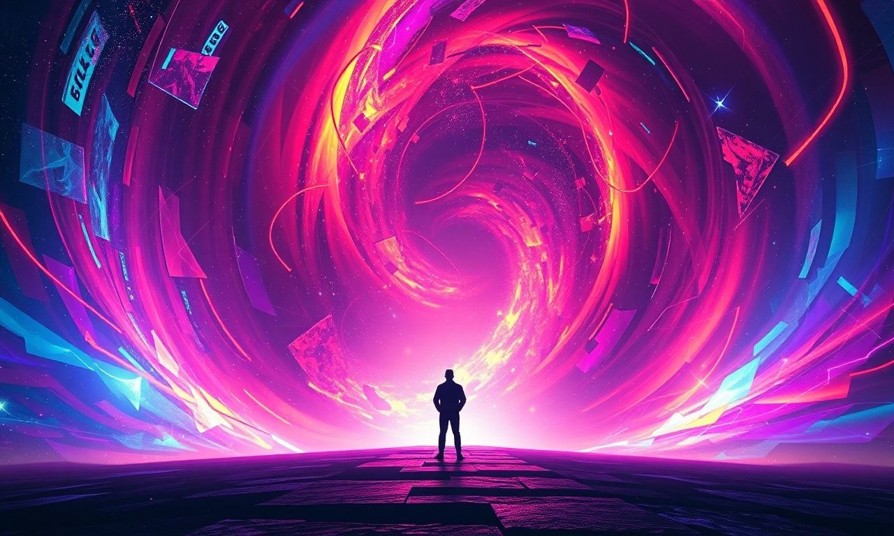 A lone figure stands at the threshold of an ever-expanding, iridescent vortex, their silhouette sharply defined against a swirling galaxy of geometric chaos, where neon ribbons of light dance in pe...