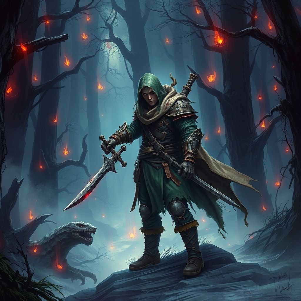 A lone fantasy warrior, clad in tattered leather armor and a tattered cloak, stands amidst a dense, mist-shrouded forest, his sword drawn, ready for battle. The forest is alive with eerie, glowing ...
