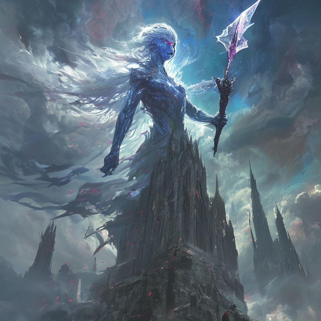 A towering, ethereal figure with silver-blue skin and glowing crimson eyes stands atop a ruined cathedral, wreathed in swirling shadows, raising a jagged obsidian blade as storm clouds churn overhe...
