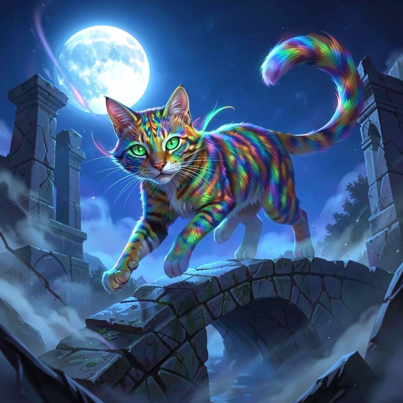 A majestic feline with iridescent fur and glowing emerald eyes leaps gracefully across a moonlit, ancient stone bridge, its tail flickering like a comet trail. Mist swirls around the crumbling ruin...