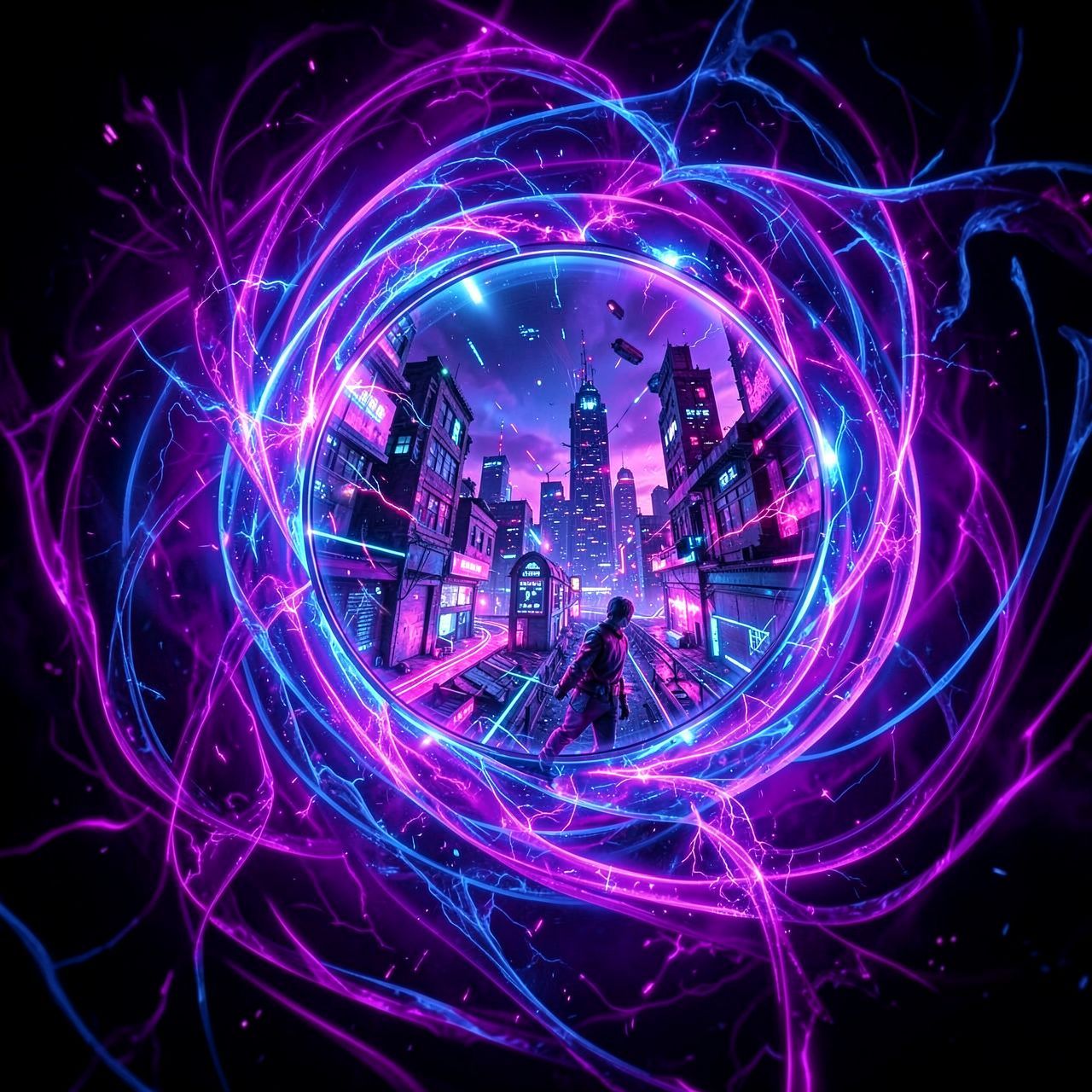 A surreal, bioluminescent mirror dimension portal swirls with fractal energy, revealing a twisted reflection of a cyberpunk cityscape bathed in neon violet and electric blue hues, with a lone figur...