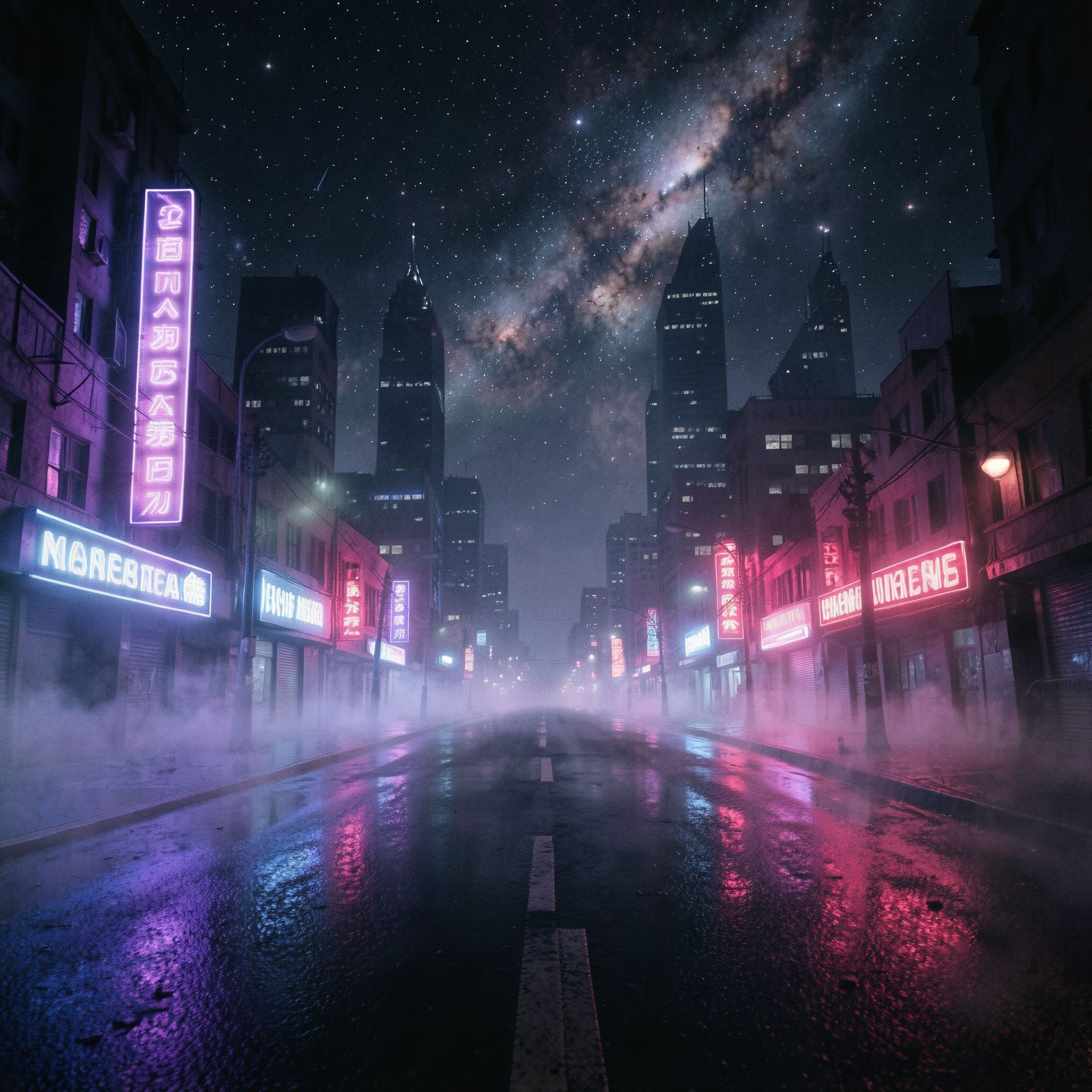 A dark synthwave cinematic scene: an empty night road cutting through a futuristic noir city, glowing with deep neon lights in purple, blue, and crimson. Thick fog drifts across the street, reflecting neon signs and distant skyscrapers. Above the city, the night sky opens into a surreal cosmic view — stars, nebula clouds, and faint galaxies blending into the urban skyline. The atmosphere is mysterious, epic, and cinematic, mixing cyberpunk noir with cosmic fantasy. High contrast lighting, dramatic perspective, wide-angle shot, neon reflections on wet asphalt, volumetric fog, deep shadows, subtle film grain, retro-futuristic color palette, epic dark mood, like a scene from a sci-fi movie.