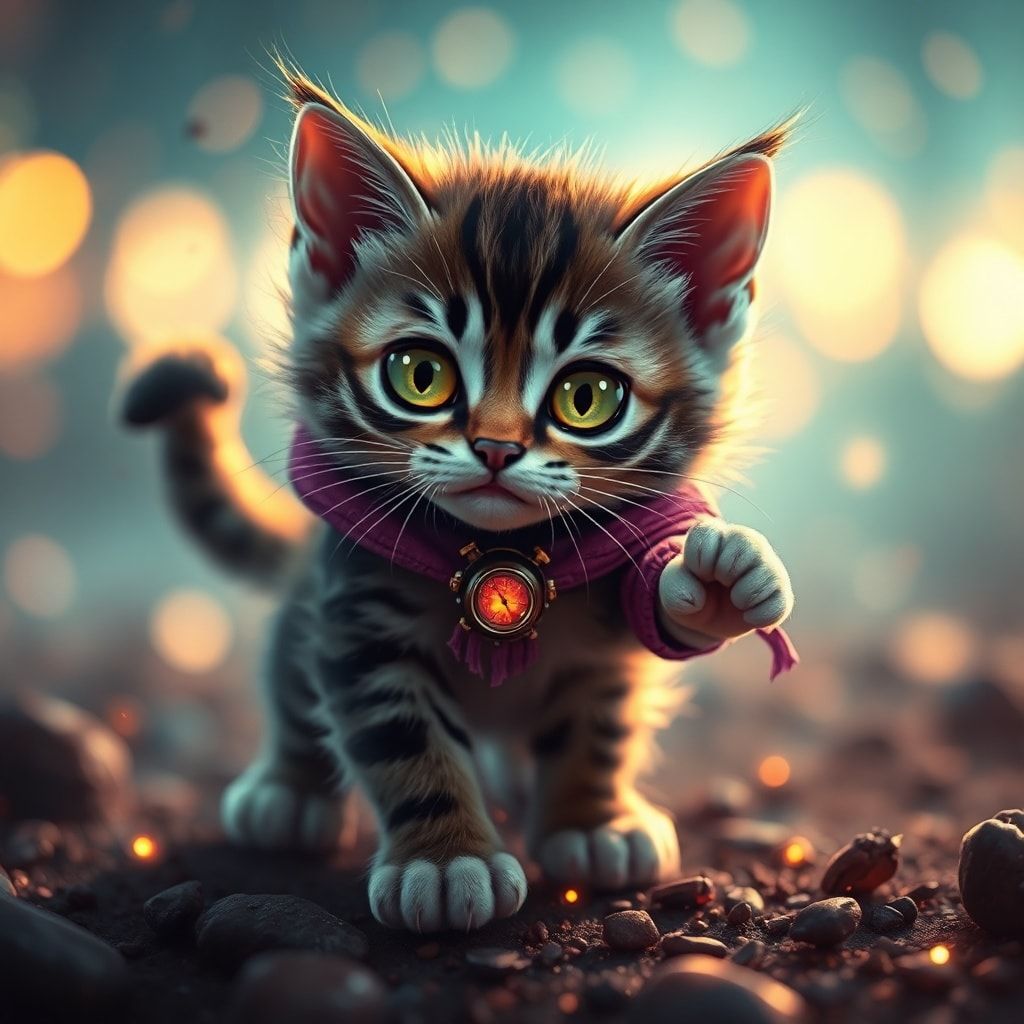 Tiny kitty, fantasy style, filmic score like