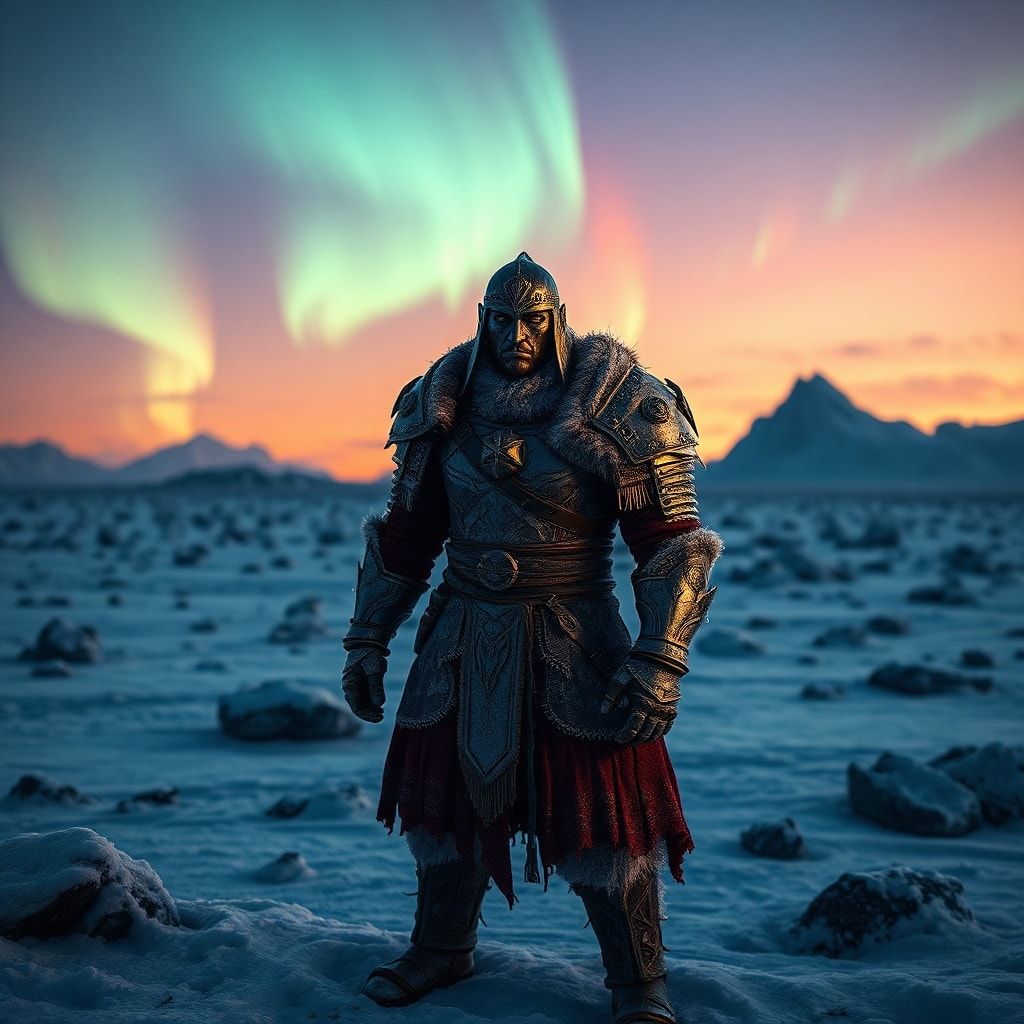 A solitary, battle-scarred great warrior clad in intricate, frost-etched armor stands defiantly amidst a desolate, hyperdetailed arctic wasteland under a twilight sky streaked with auroras, bathed in dramatic cinematic lighting casting long shadows, with hyperrealistic textures of ice, snow, and stone creating an atmosphere of profound isolation and chilling grandeur.