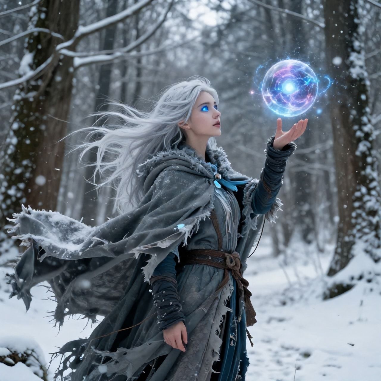 A mystical young woman with silver hair and glowing blue eyes stands amidst an ancient, snow-laden forest, her tattered cloak billowing in the icy wind as she gazes at a floating orb of ethereal li...