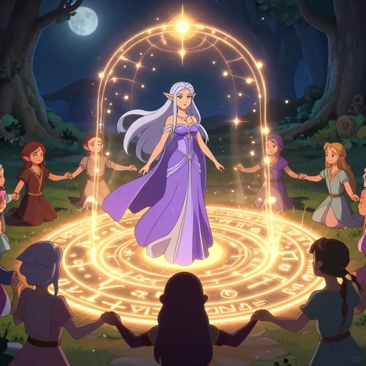 Elven magic circle ritual fantasy scene, beautiful elven maiden with long flowing silver hair standing inside a glowing magical circle, elegant elven woman in a flowing violet and silver dress with a serene expression, ancient runes and symbols forming a luminous circle on the ground, protective ward rising like a dome of light, other elven figures joining hands at the circle edge, sacred grove at night, soft moonlight and mystical particles, cinematic composition, cartoon style, anime art style, fantasy art style, mystical and protective mood, detailed and atmospheric, ethereal beauty, animated style, vibrant colors, cartoon style