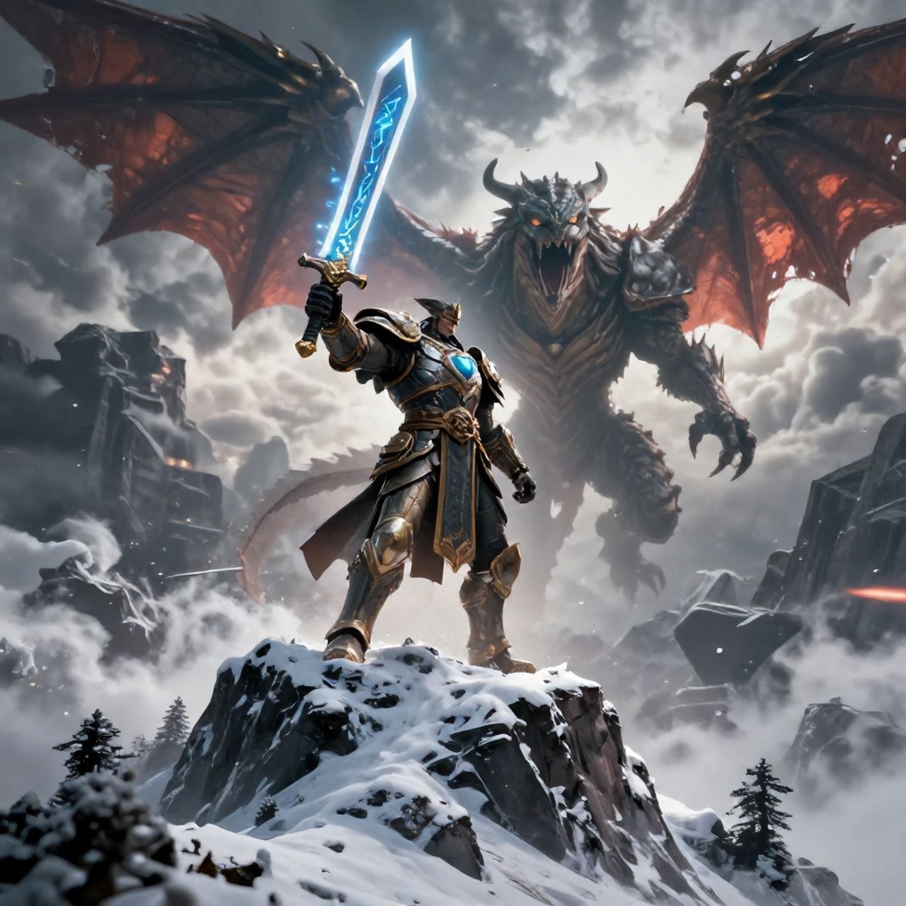 A towering, armored warrior stands atop a snow-capped peak, wielding a glowing rune-etched blade as a colossal, scaled beast descends from storm-wracked skies, its wings casting jagged shadows over...