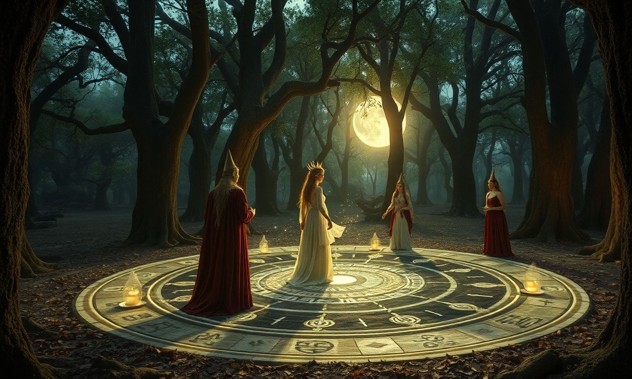 Cinematic elven magic circle ritual fantasy video, slow panning around a sacred grove where an elegant elven maiden and companions form a glowing magic circle, runes and wards rising in the air, gentle camera movements and smooth transitions, soft light particles and dome of protection, moonlight through ancient trees, ritual and protective atmosphere, fantasy aesthetic, peaceful and mystical mood, high quality visual effects, dreamlike composition