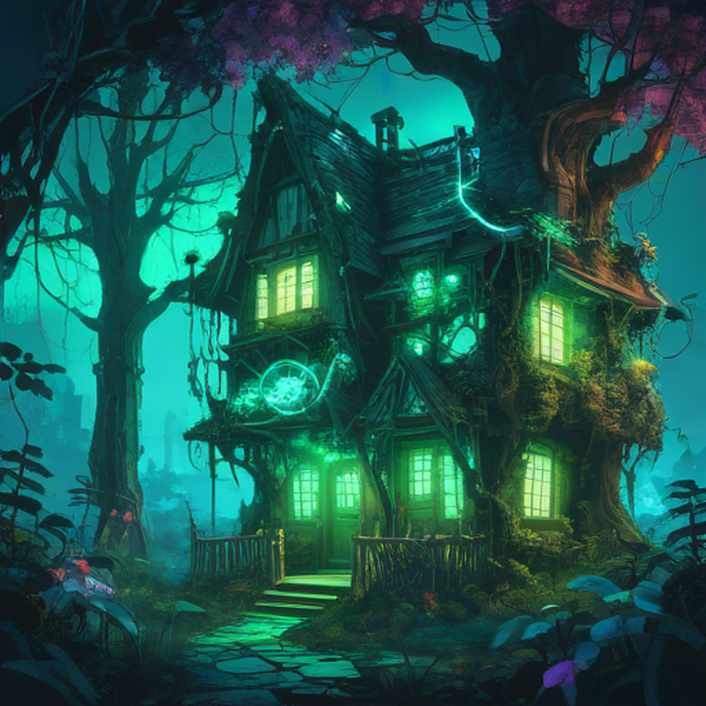 A dilapidated fairy tale cottage with glowing neon vines and flickering holographic mushrooms, nestled in a cyberpunk forest of towering bioluminescent trees, bathed in eerie blue-green neon light ...