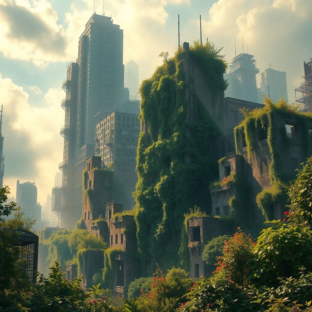 A sprawling abandoned metropolis reclaimed by lush, vibrant foliage, towering skyscrapers draped in ivy and wildflowers, golden sunlight piercing through dense mist, casting dramatic shadows across...