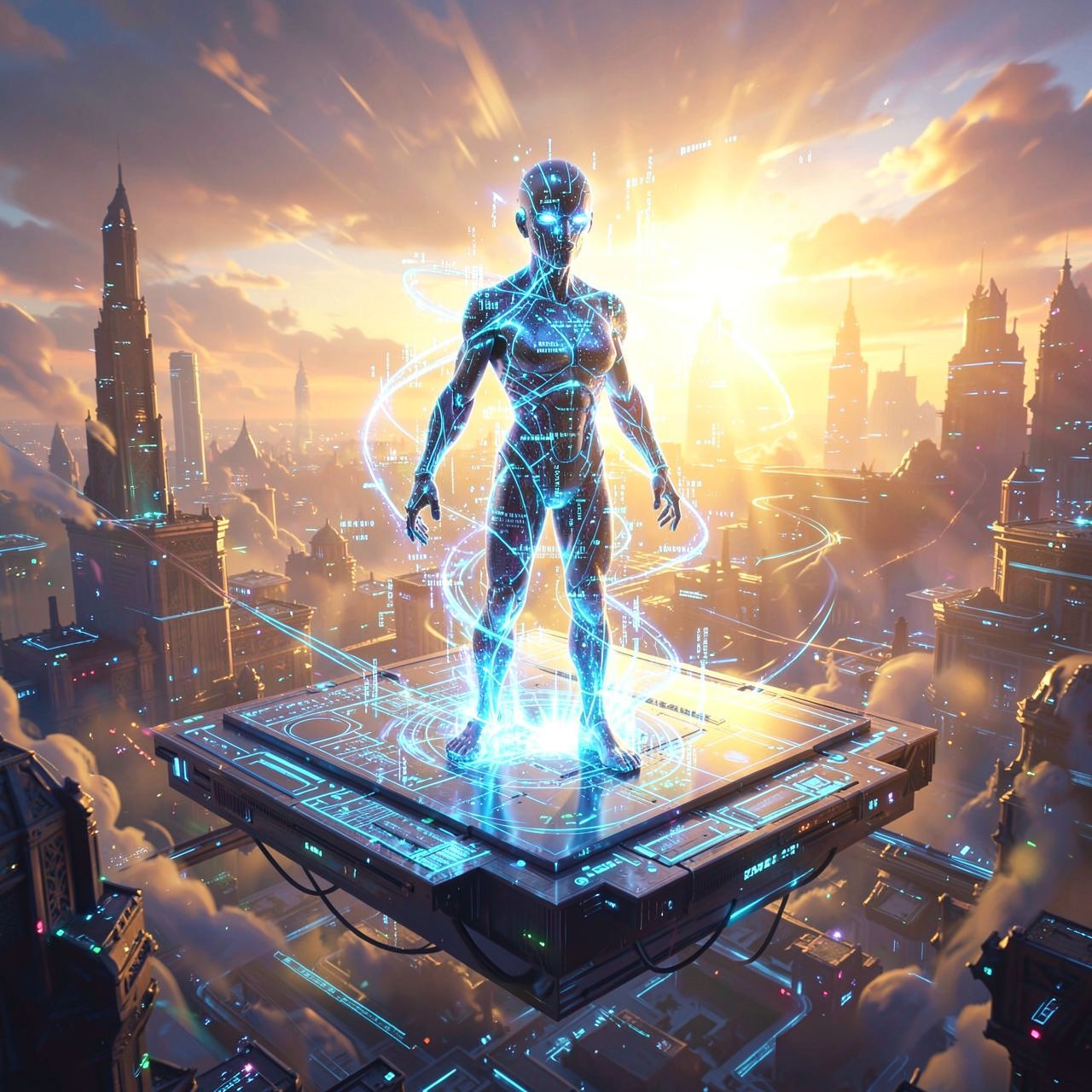 A sentient AI entity emerges from a glowing data stream, its form shifting between light and code, standing atop a floating digital platform in a vast, ethereal cyber-landscape. Golden hour sunligh...
