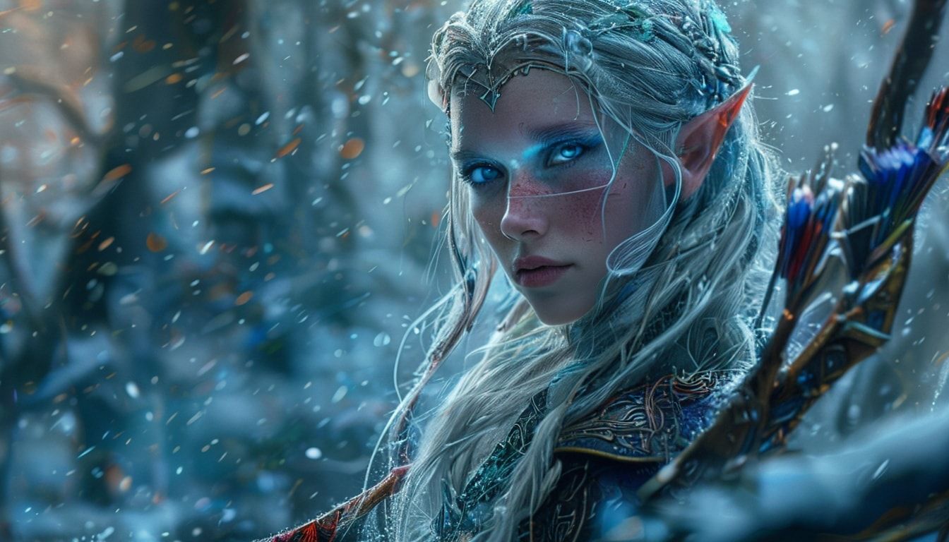 mystical young woman elf with silver hair and glowing blue eyes stands amidst an ancient, snow-laden forest, elven archer