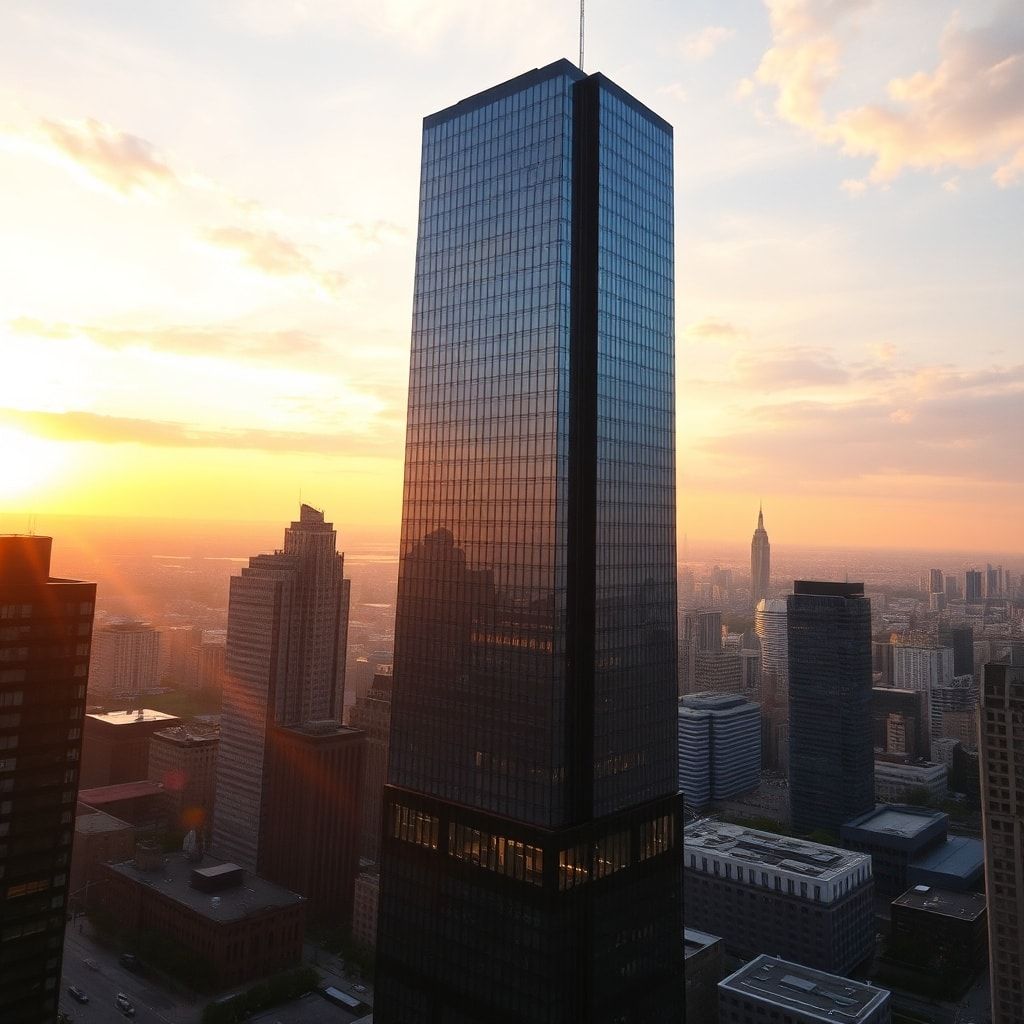 A towering skyscraper pierces the twilight sky at golden hour, its glass facade reflecting molten amber and deep violet hues, bathed in warm, diffused sunlight casting long shadows across the urban...