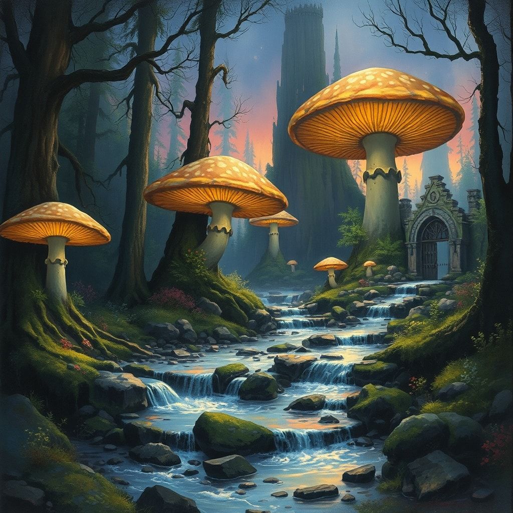Ancient elven forest at twilight, giant glowing mushrooms, silver streams, moss-covered ruins, soft magical light, detailed fantasy art, painterly style