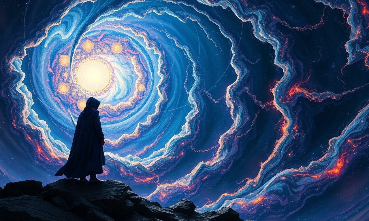 A solitary traveler, cloaked in deep indigo, stands at the edge of a cosmic maelstrom, their form etched in stark contrast against the kaleidoscopic storm of fractal energy. The vortex pulses with ...