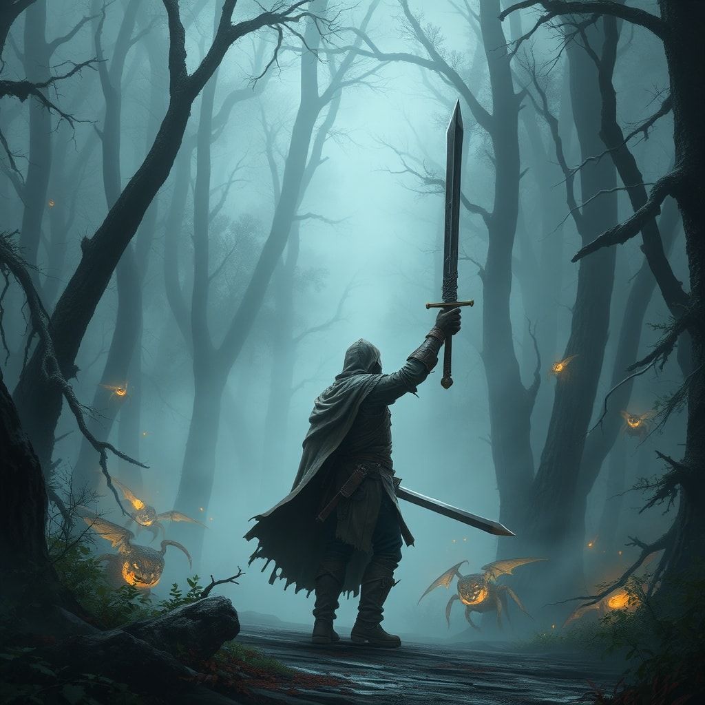 A lone fantasy warrior, clad in tattered leather armor and a tattered cloak, stands amidst a dense, mist-shrouded forest, his sword drawn, ready for battle. The forest is alive with eerie, glowing ...