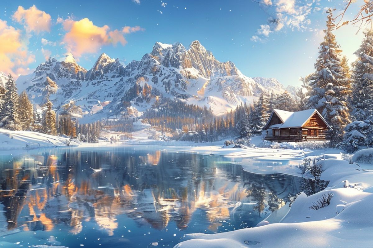 A breathtaking winter landscape featuring snow-capped mountains, a frozen lake reflecting the clear blue sky, and a cozy wooden cabin nestled among snow-covered pine trees. The scene is bathed in warm, golden sunlight, creating a serene and peaceful atmosphere. Photorealistic style, high resolution, vibrant colors, detailed snow texture, and a sense of tranquility.