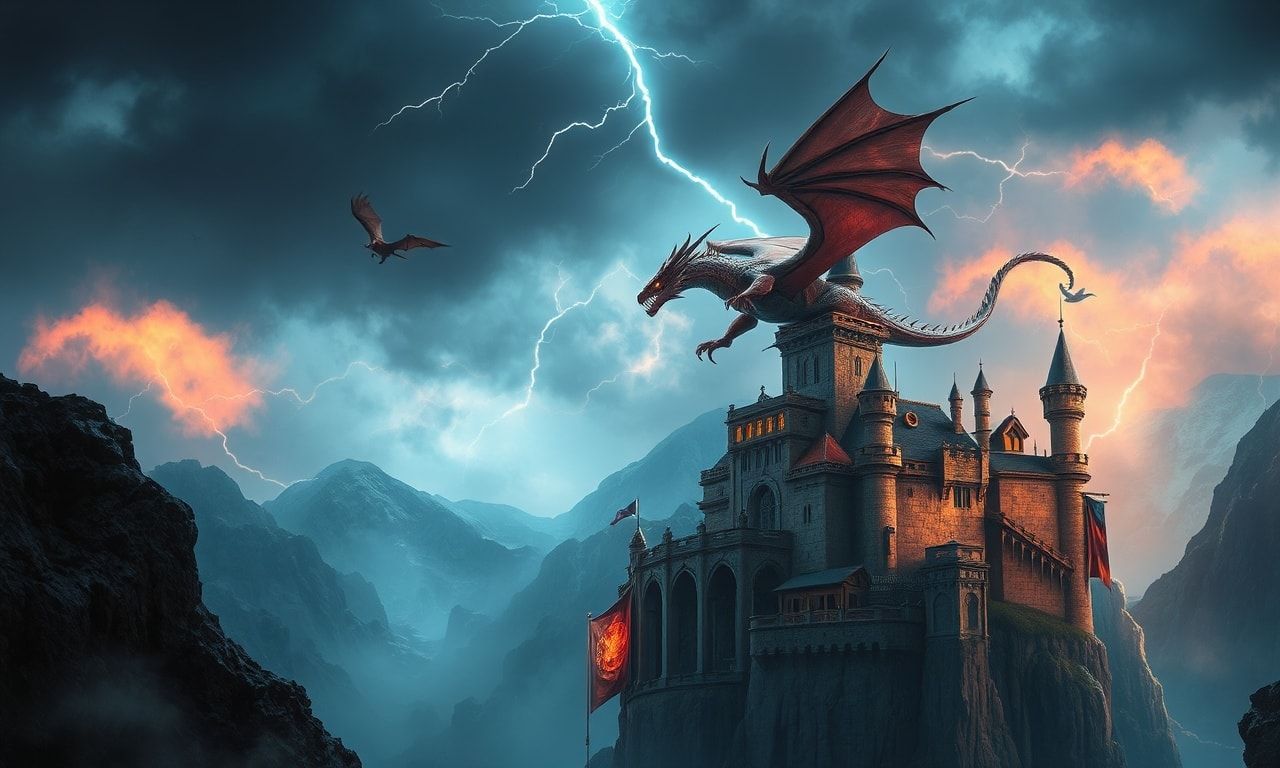 A lone elven arMajestic dragon flying over a medieval fantasy castle on a cliff, storm clouds, lightning, epic scale, dramatic lighting, digital fantasy painting