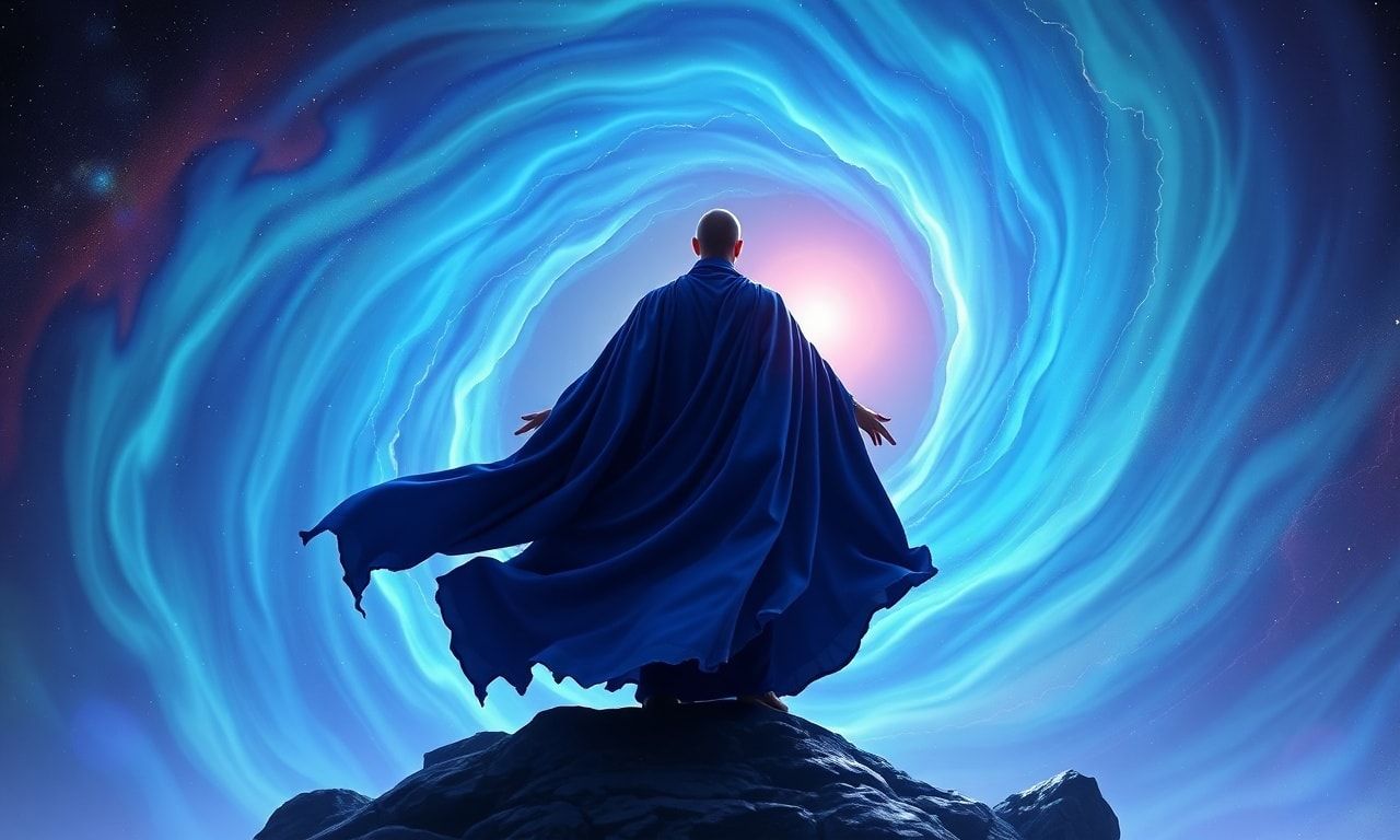 A lone figure in flowing indigo robes stands at the precipice of an infinite, spiraling void, their silhouette bathed in the soft, otherworldly radiance of a celestial aurora, while cosmic tendrils...