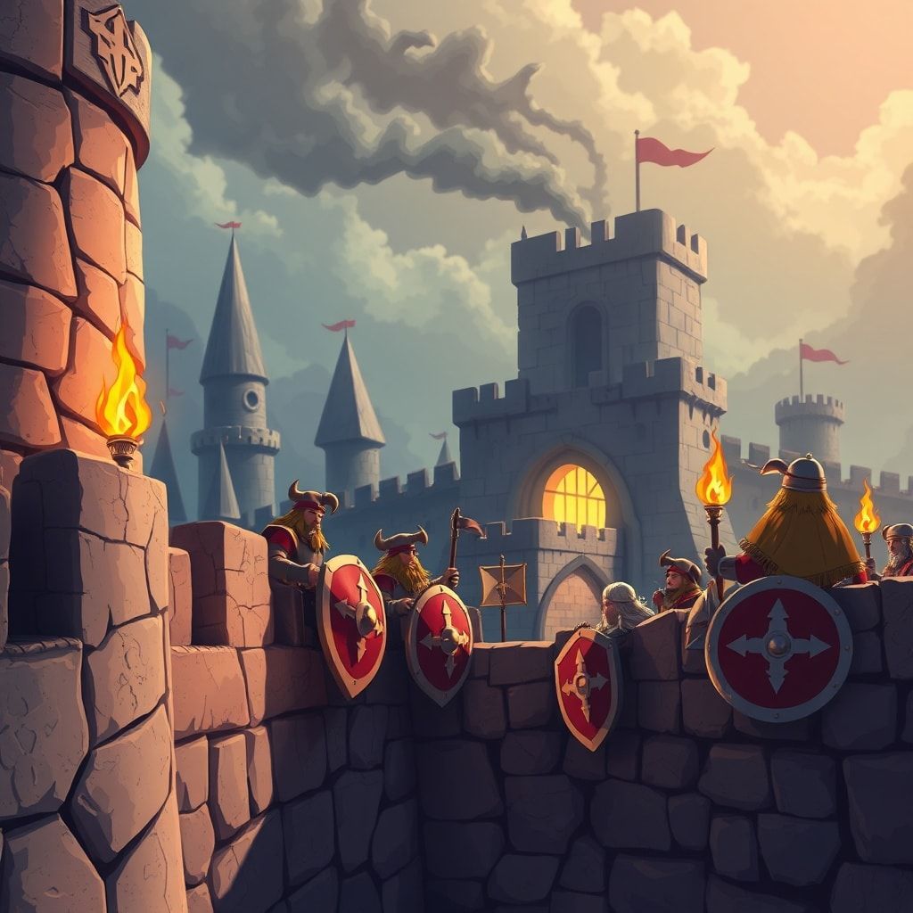 Cartoon style dwarven fantasy video, animated style, anime art style. Dwarven fortress under siege—shields along parapets, gates holding, torchlight on stone, slow dramatic camera along the walls, steadfast defense mood, high quality visual effects, family-friendly fantasy aesthetic