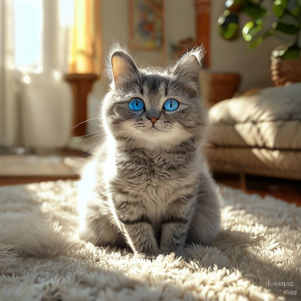 A cute, fluffy gray tabby cat with bright blue eyes, sitting on a soft, white carpet in a cozy living room with sunlight streaming through a window, looking directly at the viewer with a playful and friendly expression. Photorealistic style, high detail, vibrant colors, 4K resolution, 1024x1024 pixels.