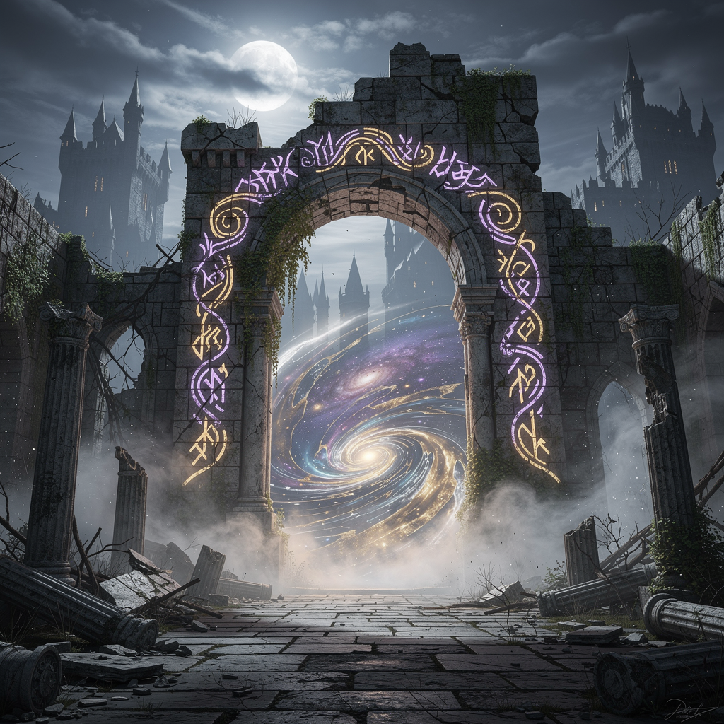 A towering, crumbling stone archway in a moonlit abandoned castle, glowing with swirling violet and gold runes, reveals a shimmering portal to another realm. Ethereal mist curls around ancient ruin...