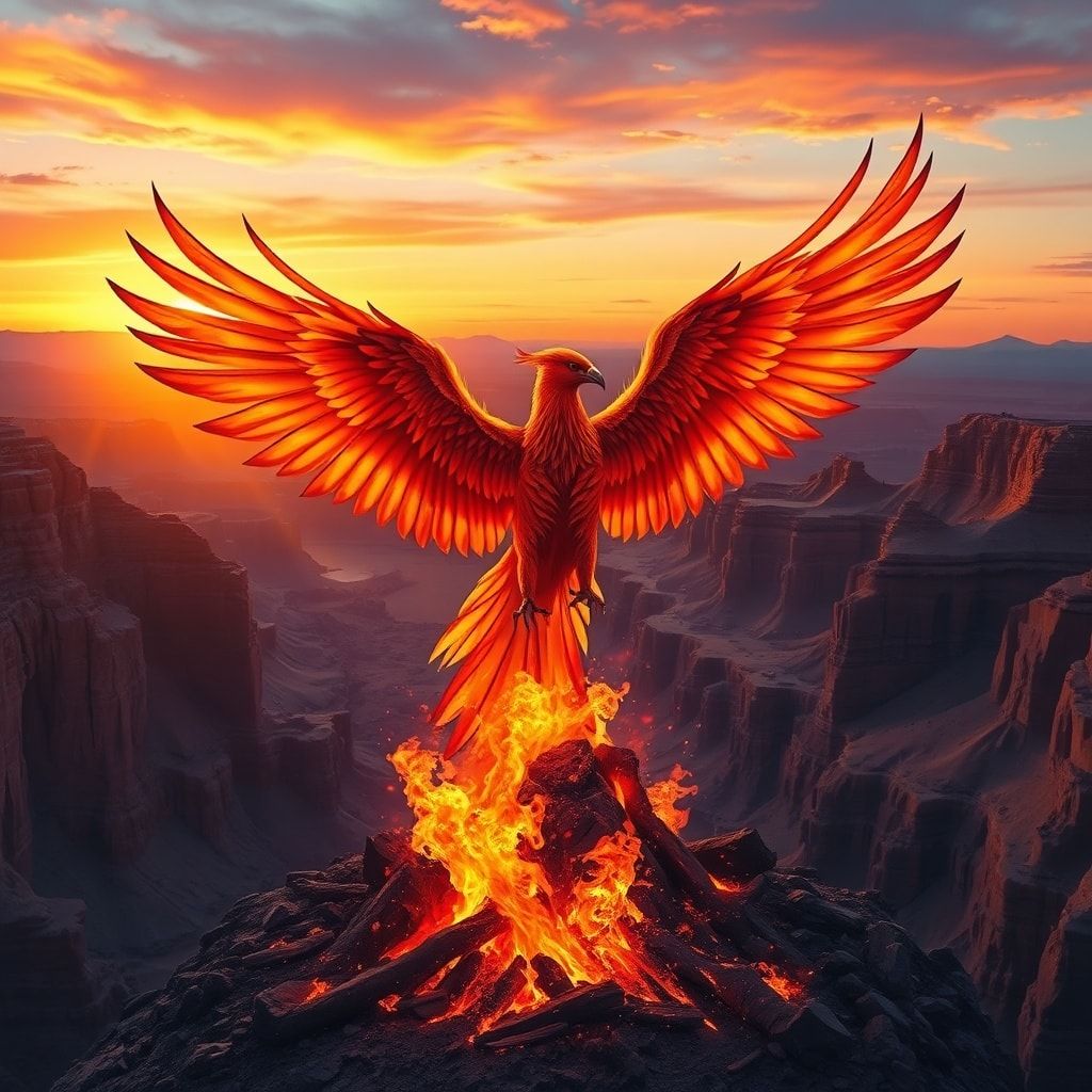 A majestic phoenix, its feathers ablaze with golden and crimson hues, rises from a smoldering ash mound in a vast, desolate canyon at dusk, backlit by a fiery sunset casting long shadows, with dram...