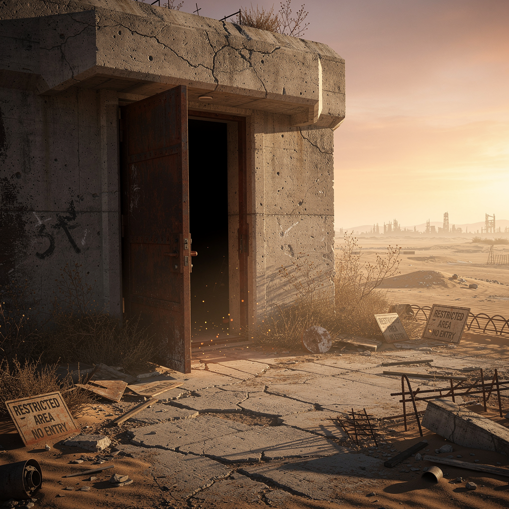 A weathered concrete bunker entrance looms in a desolate wasteland, its rusted metal door slightly ajar, revealing eerie darkness within. Golden hour sunlight casts long, dramatic shadows across th...