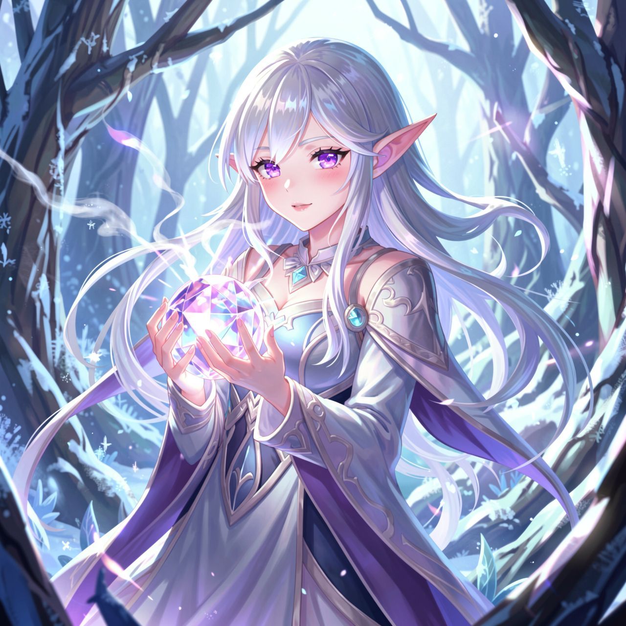 A delicate elven maiden with silver hair and luminous violet eyes stands poised in a frost-kissed enchanted forest, her breath visible in the crisp air as she gently cradles a glowing crystal orb. ...