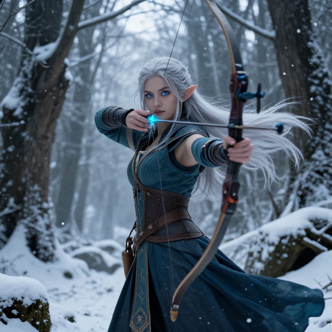 mystical young woman elf with silver hair and glowing blue eyes stands amidst an ancient, snow-laden forest, elven archer
