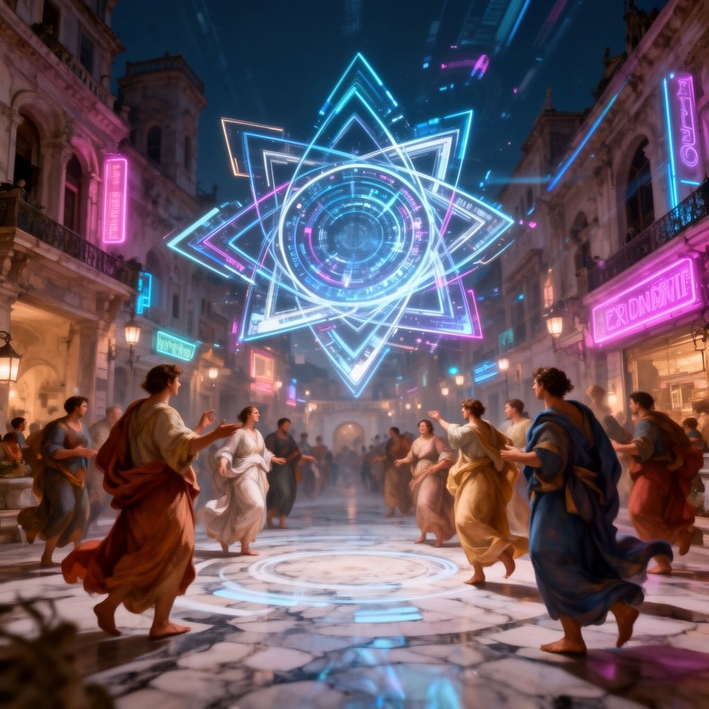 A holographic interface glows in the heart of a neon-lit Renaissance city, its intricate geometric patterns casting ethereal light on marble streets, while classical figures in flowing robes observ...