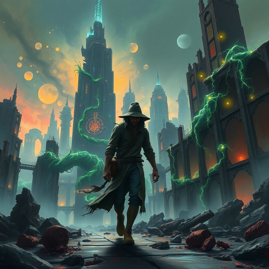 A solitary traveler in a frayed, oil-stained duster trudges through the ruins of a forgotten metropolis, its crumbling skyscrapers choked by bioluminescent vines that pulse with an eerie glow under...